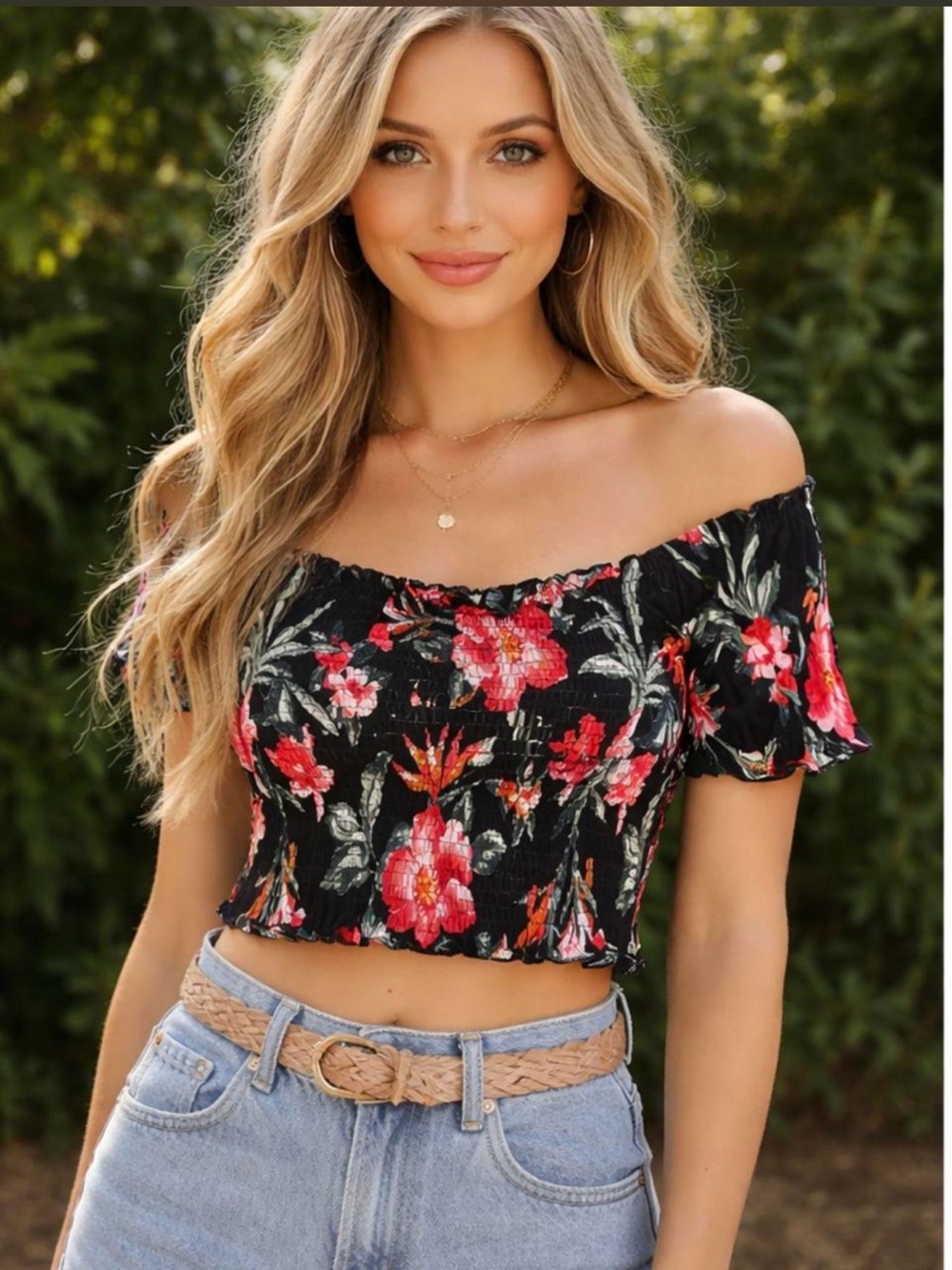 Love By Design Black Floral Off-Shoulder Crop Top